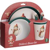 Kerstservies Setje - 5-delig - Met Sneeuwpop - Voor Kinderen - Ontbijtset - Kerstdiner - Bordje Beker Kom Mes Vork