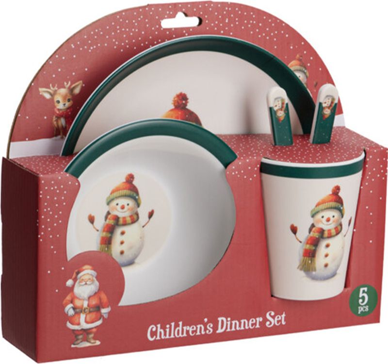 Kerstservies Setje - 5-delig - Met Sneeuwpop - Voor Kinderen - Ontbijtset - Kerstdiner - Bordje Beker Kom Mes Vork