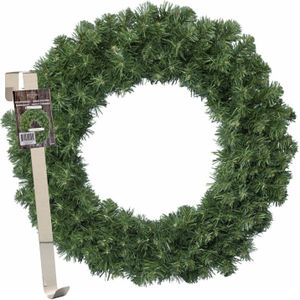 Kerstkrans 35 cm - groen - met messing zilveren hanger/ophanghaak - kerstversiering - Kerstkransen
