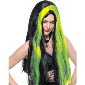 Funny Fashion Heksenpruik lang haar - zwart/groen - dames - Halloween - Verkleedpruiken