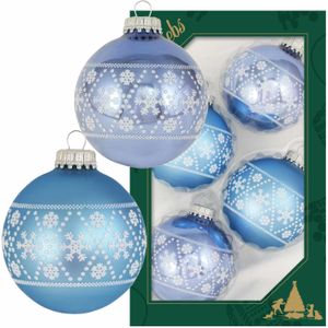 4x Luxe blauwe glazen kerstballen met witte sneeuwvlokken 7 cm - Kerstbal