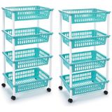 2x stuks opberger/organiser trolley/roltafel met 4 manden 85 cm turquoise blauw - Opberg trolley