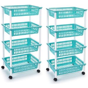 2x stuks opberger/organiser trolley/roltafel met 4 manden 85 cm turquoise blauw - Opberg trolley