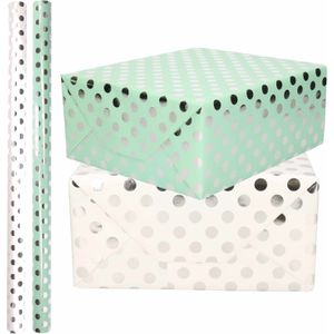 8x Rollen luxe folie inpakpapier zilveren stippen pakket - mintgroen/wit 200 x 70 cm - Cadeaupapier