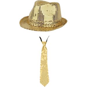 Carnaval verkleed set hoed en stropdas goud glitters - Verkleedhoofddeksels