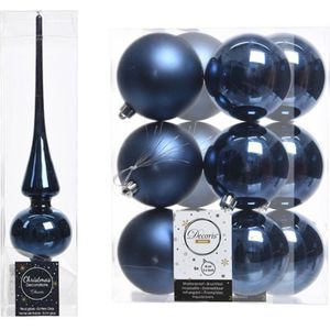 Kerstboom optuigen set blauw glazen piek en 12x kunststof ballen 8 cm - Kerstbal