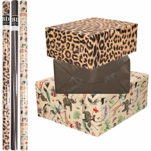 6x Rollen kraft inpakpapier jungle/panter pakket - dieren/luipaard/zwart 200 x 70 cm - Cadeaupapier