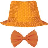 Carnaval verkleed set compleet - hoedje en vlinderstrikje - oranje - heren/dames - glimmend - Verkleedattributen
