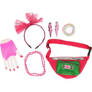 Foute 80s/90s party verkleed set compleet - dames - roze - jaren 80/90 verkleed accessoires - Verkleedsieraden