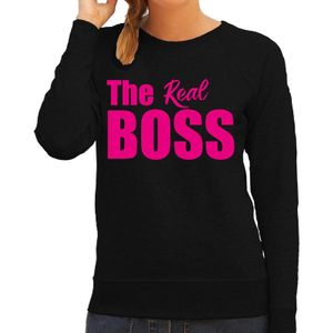 The real boss sweater / trui zwart met roze letters voor dames - Feesttruien