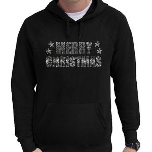 Glitter foute kersttrui hoodie zwart Merry Christmas glitter steentjes voor heren - Capuchon trui - kerst truien