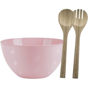 Serveerschaal/slakom met bamboe sla bestek - pastel roze - 5 liter - kunststof - D26 x H14 cm