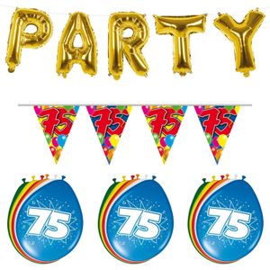 Verjaardag feestversiering 75 jaar PARTY letters en 16x ballonnen met 2x plastic vlaggetjes - Vlaggenlijnen