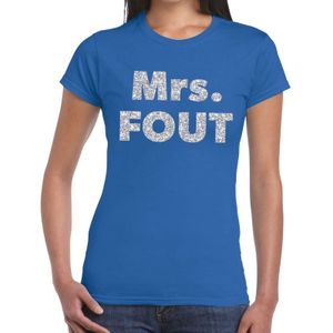 Mrs. Fout zilver glitter tekst t-shirt blauw dames - Feestshirts
