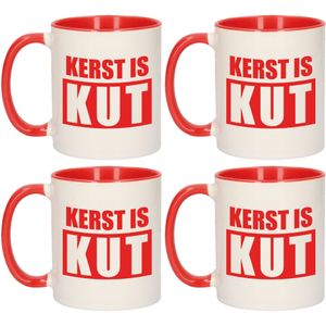 Set van 4x stuks kerst is kut kerstcadeau koffiemokken / theebekers rood Kerstmis 300 ml - Bekers