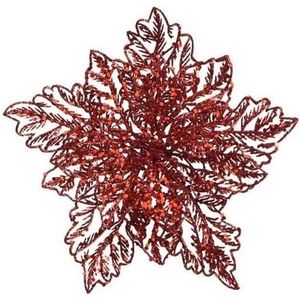 1x Kerstbloem versiering rode glitter kerstster/poinsettia op clip 23 x 10 cm - Kersthangers