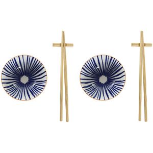 6-delige sushi serveer set aardewerk voor 2 personen blauw/wit - Sushi servies