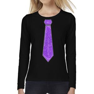 Verkleed shirt voor dames - stropdas paars - zwart - carnaval - foute party - longsleeve - Feestshirts