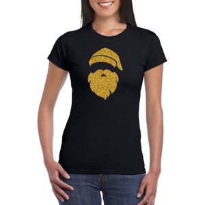 Kerstman hoofd Kerst t-shirt zwart voor dames met gouden glitter bedrukking - kerst t-shirts