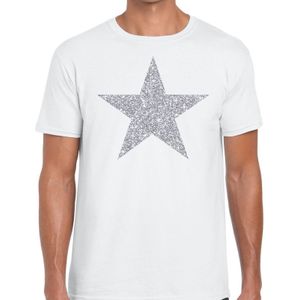 Zilveren ster glitter t-shirt wit heren - Feestshirts