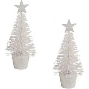 2x stuks kerstversiering witte glitter kerstbomen/kerstboompjes 15 cm - Kunstkerstboom