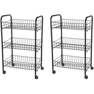 Set van 2x stuks zwarte keuken trolleys met manden 39 x 23 x 64 cm - Opberg trolley