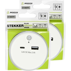 LED nachtlampje - 2x - draadloos - met USB A en C - warm wit -Â dag/nacht + PIR sensor - Verlichting
