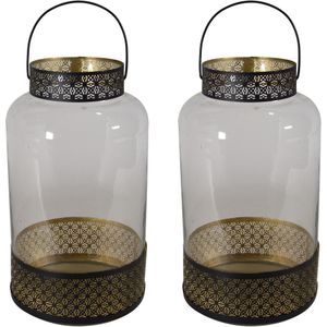 2x stuks lantaarns/windlichten zwart/goud Arabische stijl 20 x 37 cm metaal en glas - Lantaarns