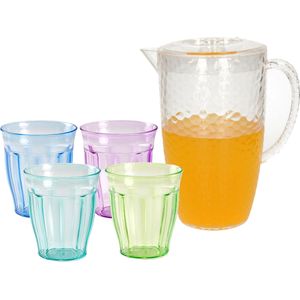 Stevige Sapkan/Water/Schenkkan Karaf met Deksel 2 Liter set met 12x Kunststof Gekleurde Drinkglazen 250 ml