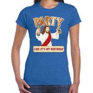 Fout kerst t-shirt blauw met party Jezus voor dames - kerst t-shirts