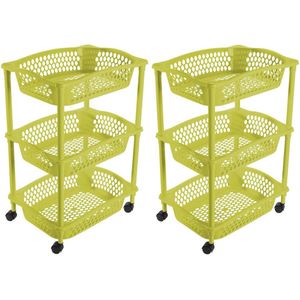 2x stuks keuken/kamer opberg trolleys/roltafels met 3 manden 62 x 41 cm groen - Etagewagentje met opbergkratten