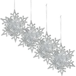 Kersthangers sneeuwvlokken -4x st-zilver - 11,5 cm - kunststof - Kersthangers
