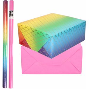 8x Rollen kraft inpakpapier regenboog pakket - roze 200 x 70 cm - Cadeaupapier