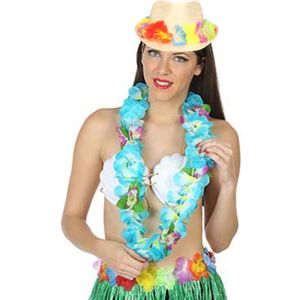 Carnaval verkleed set - Tropische Hawaii party - bloemen band strohoedje - en bloemenkrans blauw - Verkleedhoofddeksels