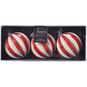 6x stuks luxe glazen kerstballen brass rood/wit gestreept met glitter 8 cm - Kerstbal