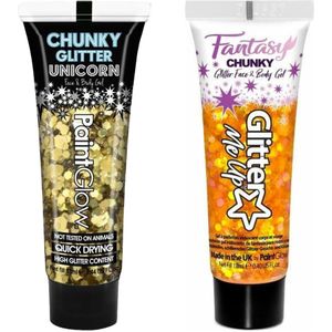 Paintglow Chunky Glittergel voor lichaam en gezicht - 2 tubes - goud en oranje - 12 ml - Schmink