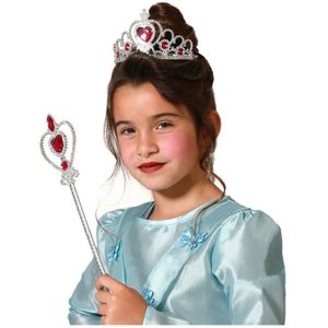 Carnaval verkleed Tiara/diadeem - Prinsessen kroontje met toverstokje - zilver/rood - meisjes - Verkleedhoofddeksels