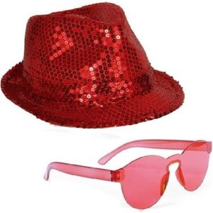 Rood trilby glitter party hoedje met rode zonnebril - Verkleedhoofddeksels