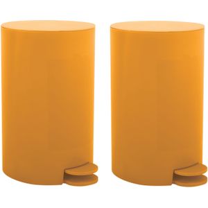 Prullenbak/pedaalemmer - 2x - kunststof - saffraan geel - 3 liter - 15 x 27 cm - Badkamer/toilet - Pedaalemmers