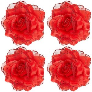 4x stuks rode roos haarbloem met glitters - Verkleedhaardecoratie