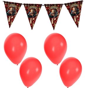 Halloween/horror thema vlaggenlijn - horrorclown circus - 400 cm - incl. 10x ballonnen rood - Vlaggenlijnen