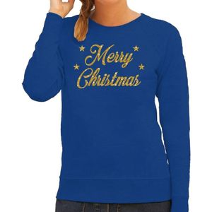 Blauwe foute kersttrui / sweater Merry Christmas gouden letters voor dames - kerst truien