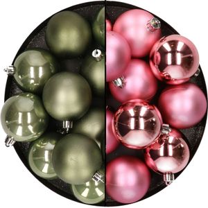 Kunststof kerstballen 6 cm - 24x stuks - mosgroen en roze  - Kerstbal