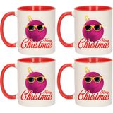 Set van 4x stuks merry Christmas kerstcadeau kerstmokken rood kerstbal roze met zonnebril 300 ml - Bekers