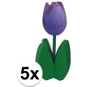 5x Staande houten tulpen in het paars - Feestdecoratievoorwerp