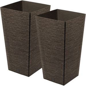 Plantenpot/bloempot - 2x - voor buiten - kunststof - donkerbruin - Eco wood look - D34 x H66 cm - Plantenpotten