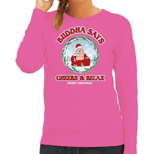 Foute Kersttrui/sweater voor dames - buddha says cheers &amp;amp; relax - roze - proost - wijn - kerst truien