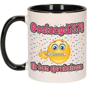 Geslaagd cadeau mok - zwart/rood - Geslaagd?!?! Sprakeloos - keramiek - ca. 300 ml - feest mokken