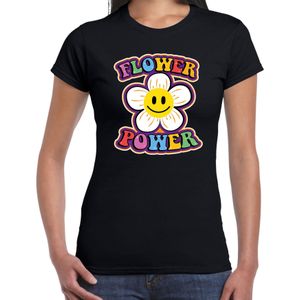 Toppers Jaren 60 Flower Power verkleed shirt zwart met emoticon bloem dames - Feestshirts