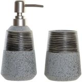 Badkamerset zeeppompje en beker/tandenborstelhouder blauw/grijs polystone 18 cm - badkamer accessoires